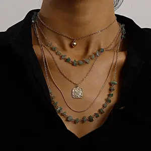 Women's Vintage Layered Necklace: Multi-Strand Fine-Link Chain with Turquoise Square Chips and Mini Heart Pendant