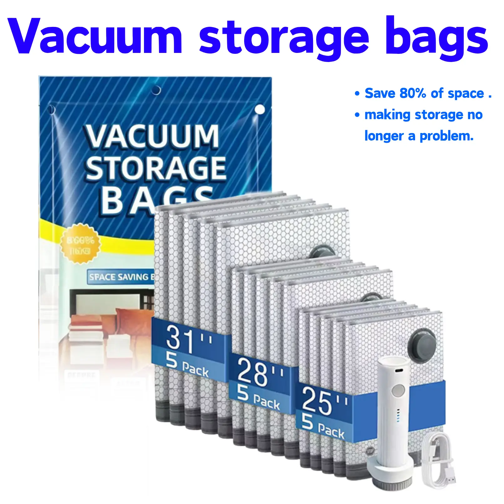Vacuum Storage Bag Set with Wireless Rechargeable Pump, Portable Compression Bags for Travel & Home,Airtight Resealing Sealed Organizers for Luggage, Sturdy Lightweight Clothes Storage Solution, Vacuum Bags For Travel Increase size