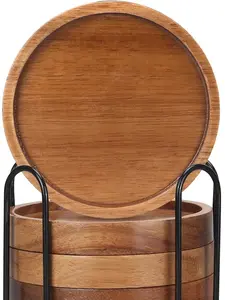 Acacia Wood Coasters 6 Pcs with Holder - Modern Coffee Table Coasters for Home Dining Table, Rustic Beer Bar Coasters, Tableware