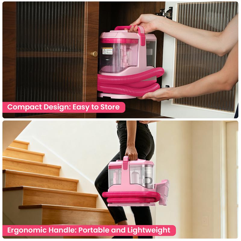 [NewYearSale!] Upholstery Carpet Vacuum Cleaner, 18KPa Suction Spot Cleaning Machine for Pet Stains, Carpets, Sofa, Car Seats, Mattress, with 3 Multipurpose Cleaning Tools, 6'' Deep Cleaning Brush | Portable 3-in-1 Little Pink C9S