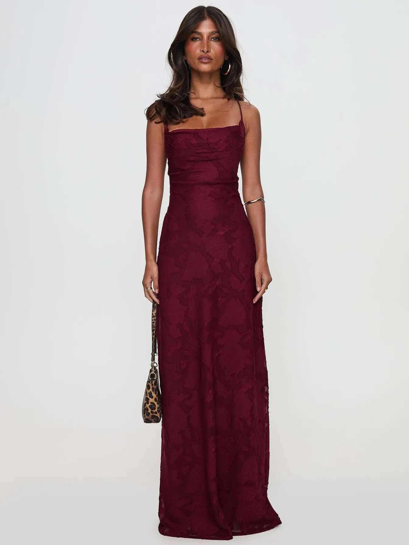 Princess Polly Celena Maxi Dress Burgundy Burnout Formal Lace-up Back Floral  Print Cowl Detailing Invisible Zipper Fully Lined - Polyester - TikTok Shop