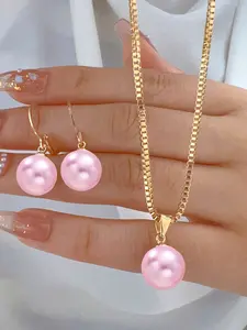 Faux Pearl Necklace & 2pcs Earrings Jewelry Set, Bronze Color Accessories, Perfect for Daily Wear & Vacation, Ideal Gift