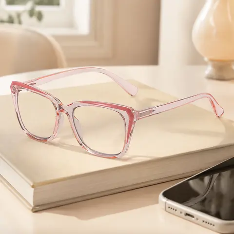 Progressive Photochromic Readers for Women, Pink Square Multifocal Reading Glasses for Books, Phone and Screen Use