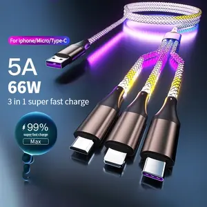 RGB Flow Data Cable 66w Fast Charging, 3-In-1 Car Charger with Ambient Breathing Light, Universal Vehicle USB-C Cable