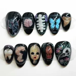 Halloween Press-On Nails, 3D Spine, Brain, Teeth & Doll Head Details, Blue Butterfly & Skull Art, Black Base with Creepy Hand painted Vibes, Handmade for Halloween, Spooky Gifts