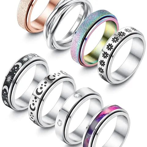 8 Pcs Stainless Steel Spinner Rings Set, Anxiety Relief Fidget Interlocked Stackable Rings for Women and Men, Daily, Holiday and All Season Wear Stress Relief Jewelry