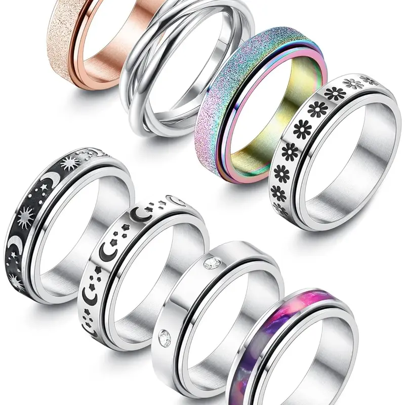 8 Pcs Stainless Steel Spinner Rings Set, Anxiety Relief Fidget Interlocked Stackable Rings for Women and Men, Daily, Holiday and All Season Wear Stress Relief Jewelry