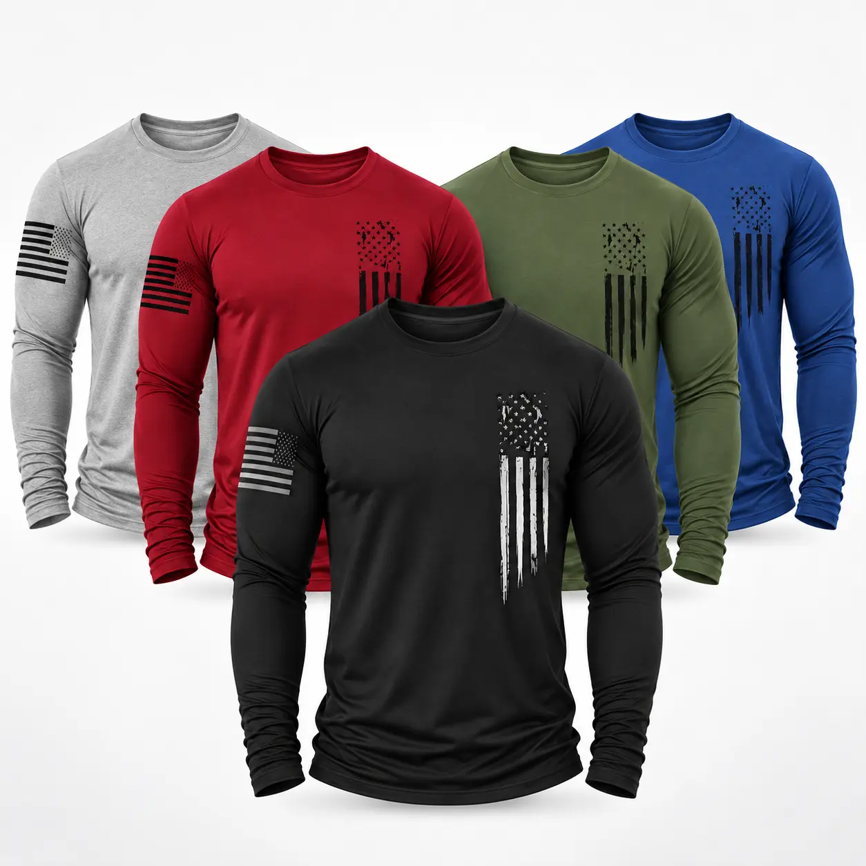 Men’s 5 Pack Long Sleeve Work Shirts, 100% Polyester Quick Dry Moisture Wicking Crew Neck T-Shirts with Distressed Geometric Graphic Print, Classic or Relaxed Fit Layering Tees for Outdoor Work, Hunting, Hiking and Everyday Wear