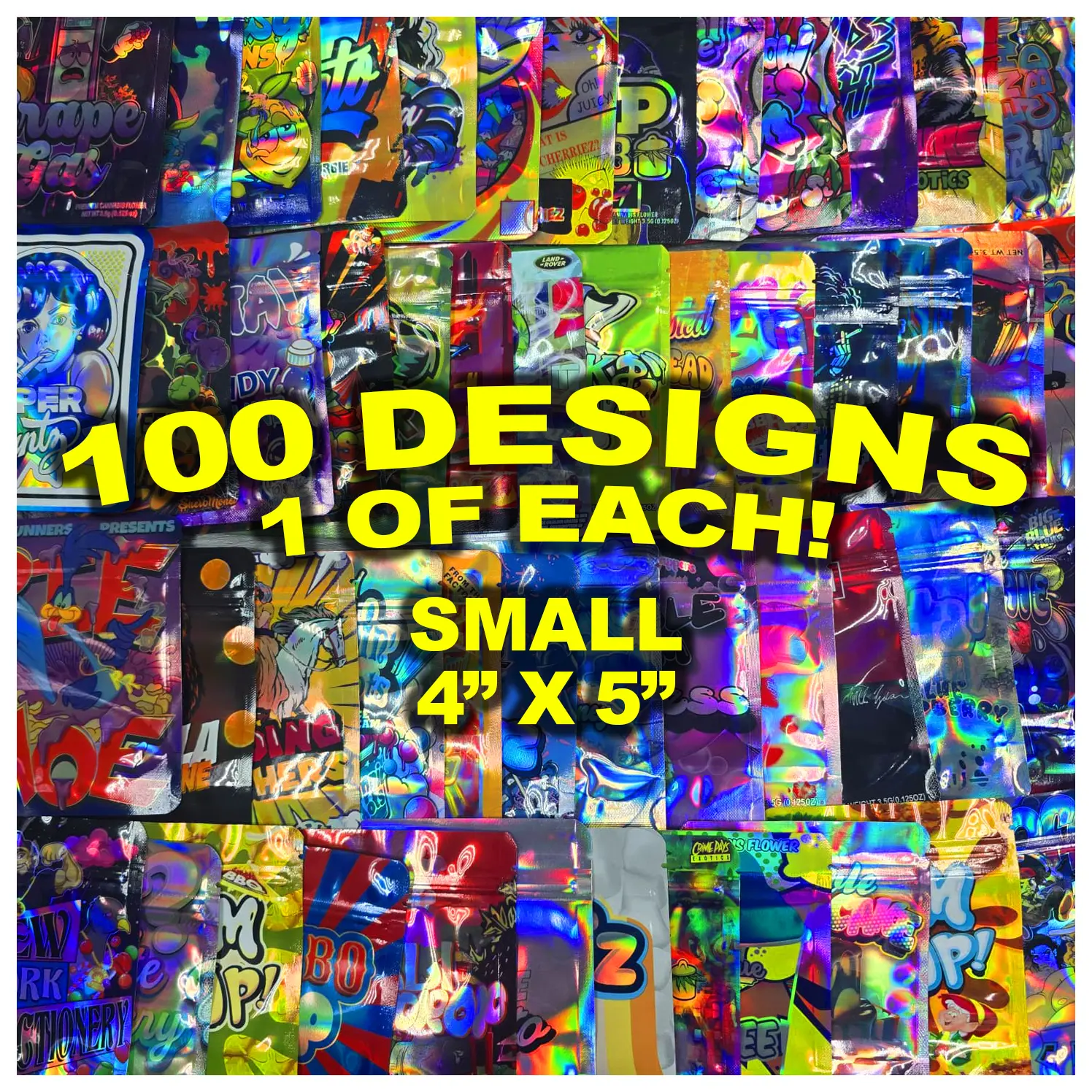 100 Pack 3.5g Small (4inx 5in) Mylar Bags Mystery Bundle Assorted Designs