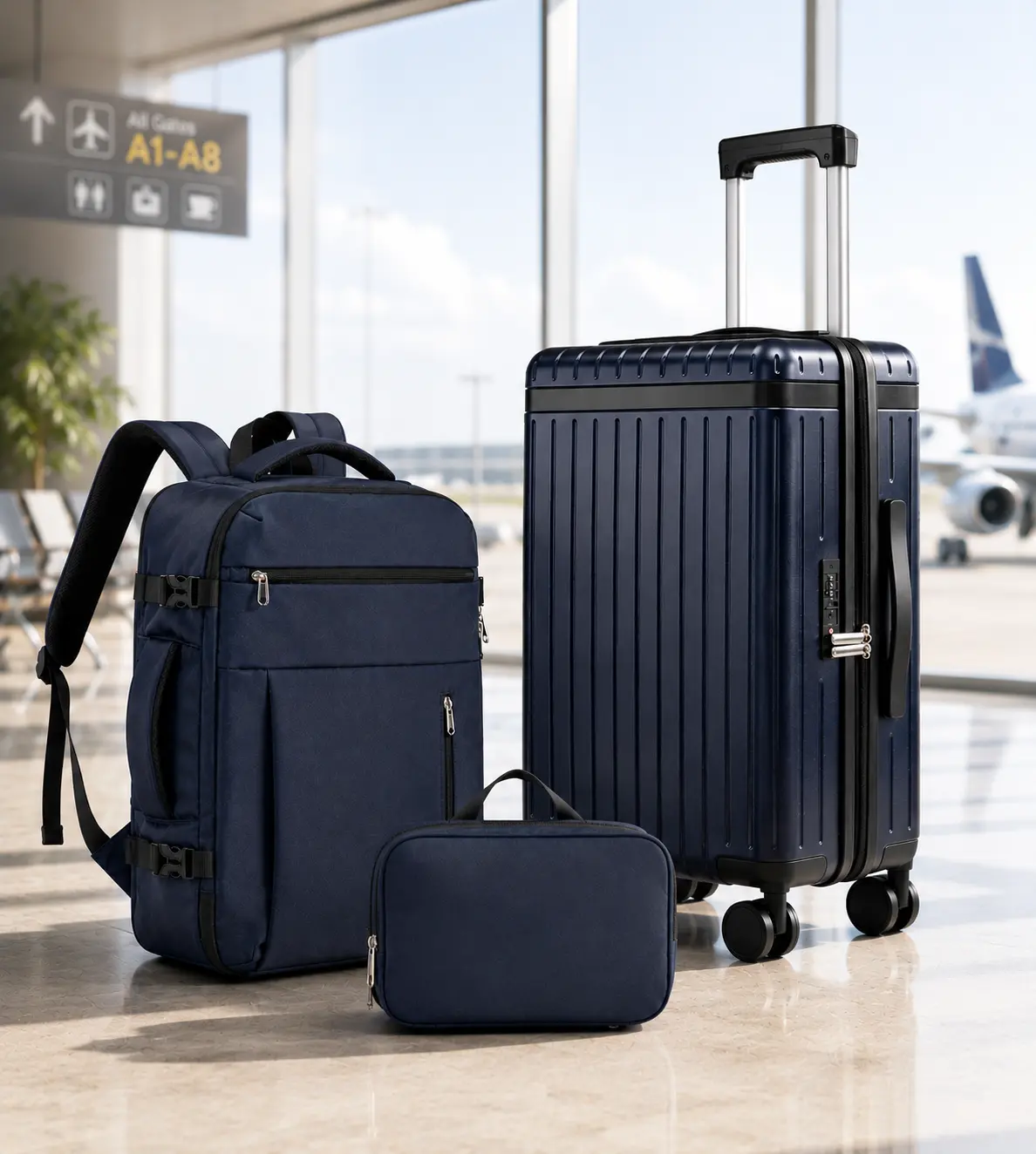 Multifunctional Hardshell 3-Piece Luggage Set - 20-Inch Lightweight Carry-On, 360° Spinner Wheels, TSA Lock, 15.6-Inch Laptop Backpack, Toiletry Bag for Business Trips (Check-In & Boarding Luggage with Wheels), Multifunctional Luggage Set
