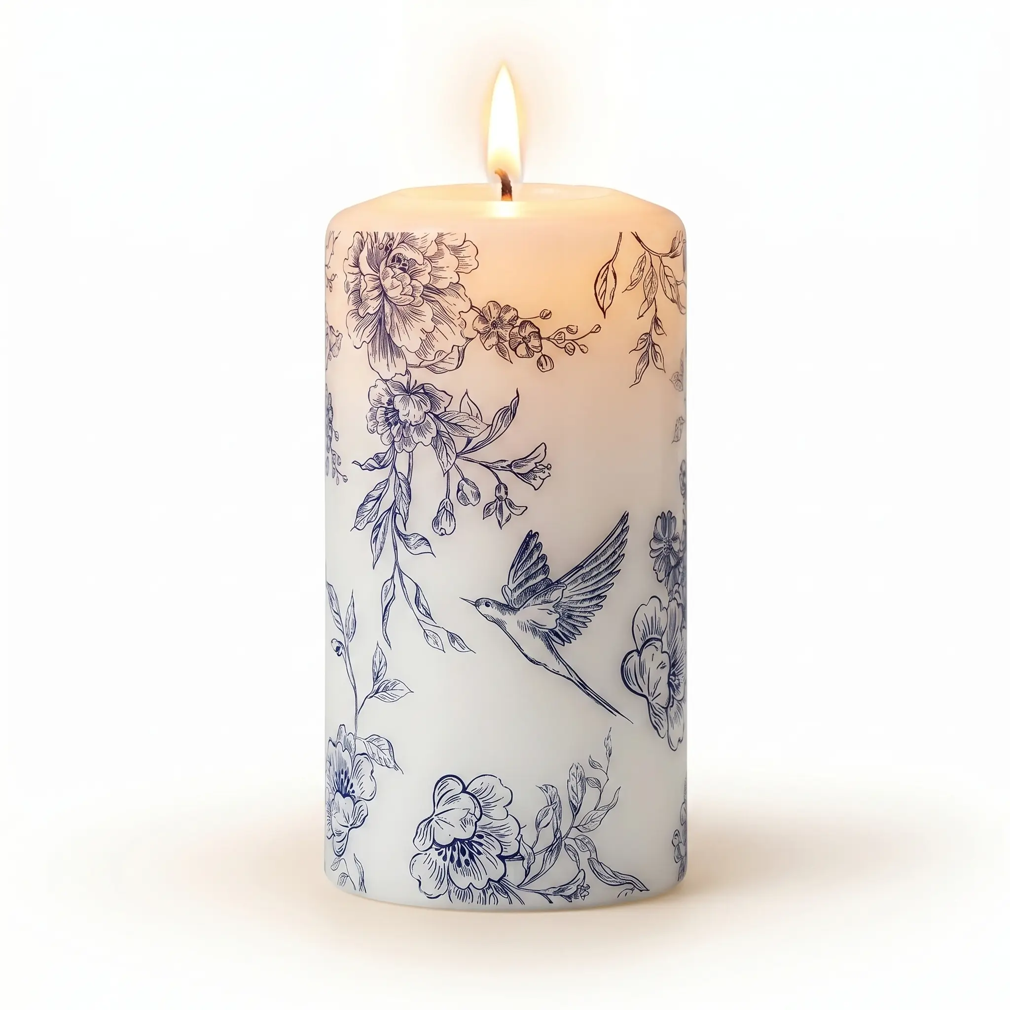 Handmade Vintage Floral Pillar Candle | Chinoiserie Blue Peony & Bird | 3×6 Inch | Unscented