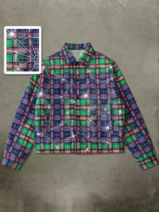 Unisex Rhinestone Graphic Long Sleeve Shirt, Casual Loose Comfort Button-Up, Fashionable Street Style, High Quality Short Sleeve Jacket, Casual Fashion Top