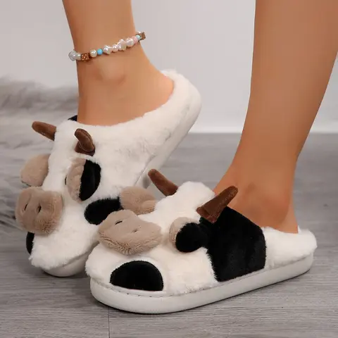 Cute Cow Slippers for Women Cartoon Cotton Cozy Fuzzy Plush Animal Winter Warm Indoor Outdoor Slippers Snow House Casual Footwear