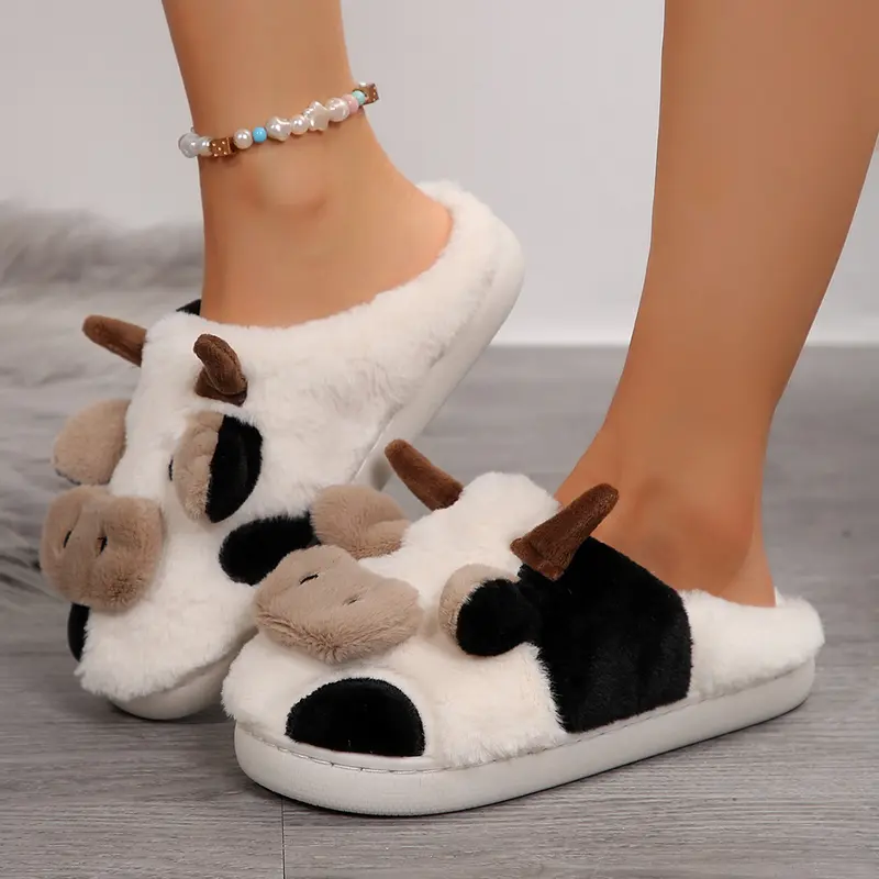 Cute Cow Slippers for Women Cartoon Cotton Cozy Fuzzy Plush Animal Winter Warm Indoor Outdoor Slippers Snow House Casual Footwear