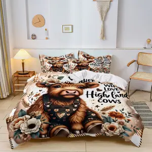 3pc Valentine's Day Highland Cow Pattern Bedding Set, Cartoon Animal Duvet Cover Set, Bed sets, includes 1 duvet cover and 2 pillowcases, suitable for single and double beds, multiple sizes available, perfect for bedrooms, dorms