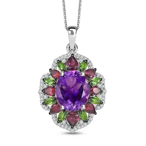 Amethyst and Multi Gemstone 7.60 ctw Pendant Necklace in Rhodium Plated Sterling Silver 20 Inches Birthday Christmas Gifts
