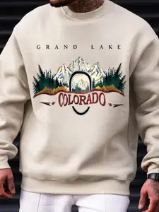 Men's Colorado Landscape Print Drop Shoulder Sweatshirt, Regular Fit Casual Letter Print Long Sleeve Round Neck Pullover for Fall & Winter, Men's Clothes for Daily Wear