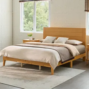 AMERLIFE Solid Wood Bed Frame, Mid-Century Modern Platform Bed with 48" Headboard, Wooden Slats & Metal Support, No Box Spring Needed