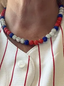 Baseball Necklace with Sparkling Rhinestones, Multicolor Clay Bead Stretch Necklace for Boys and Girls, Cool Hip Hop Gift Idea