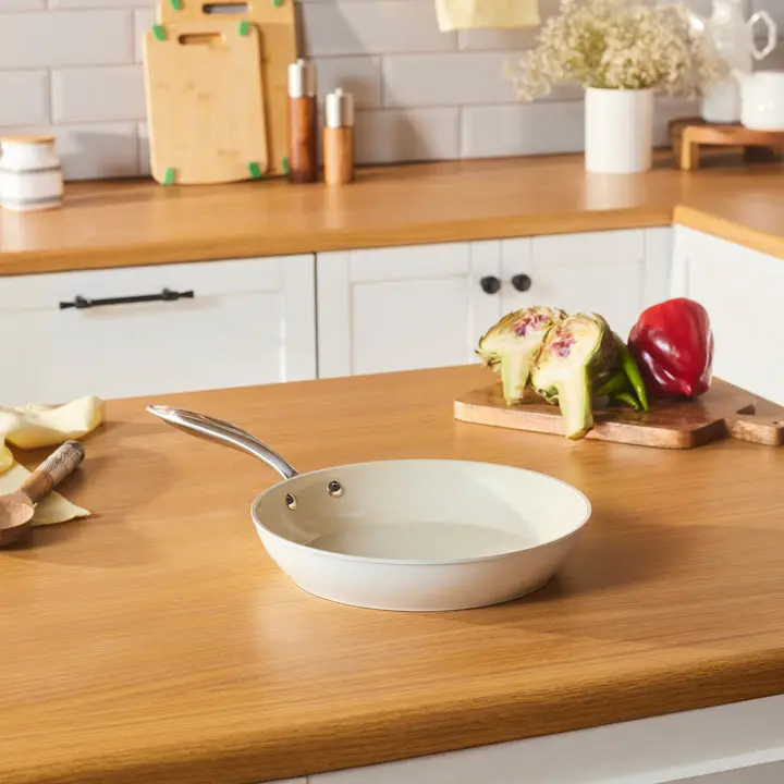 Karaca Swiss Crystal 26cm Non-Stick Induction Pan, Almond Cream Cookware