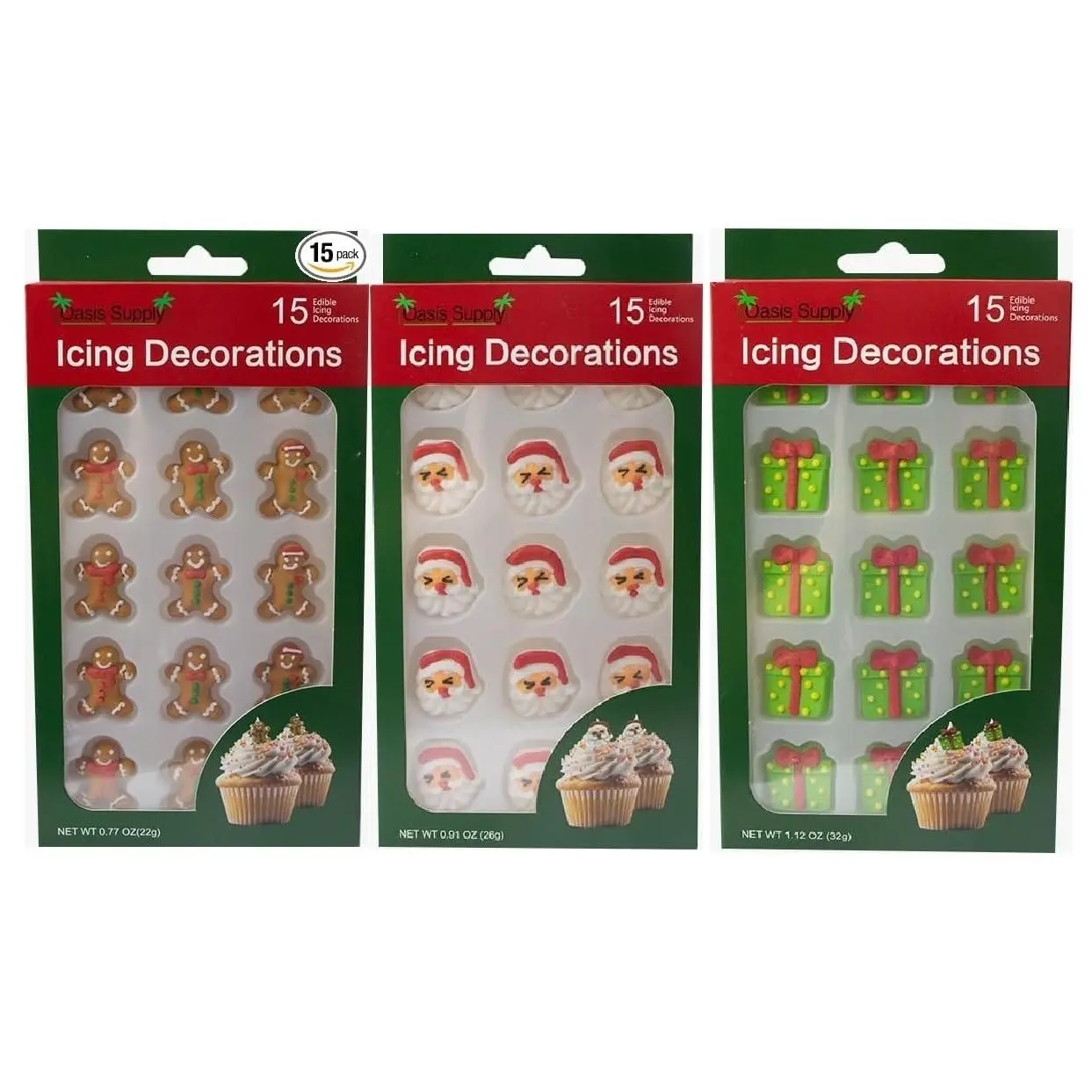 Christmas Edible Cake Decorations - Candy or Cupcake Topper -Gingerbread Man, Santa Face, Presents, 45 Pieces Total