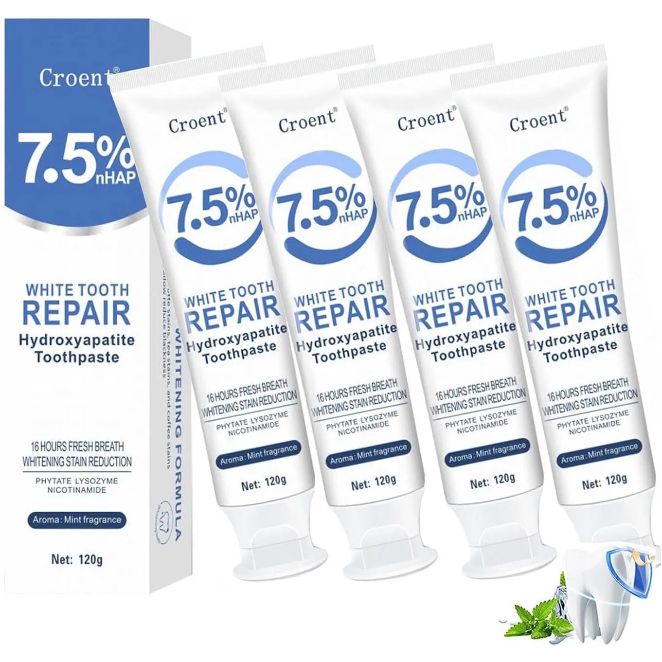 White Tooth Repair Hydroxyapatite Toothpaste, 7.5% nHAP, Mint Fragrance, 16 Hours Fresh Breath, 120g (4PACK, Mint+Fruit Flavor)
