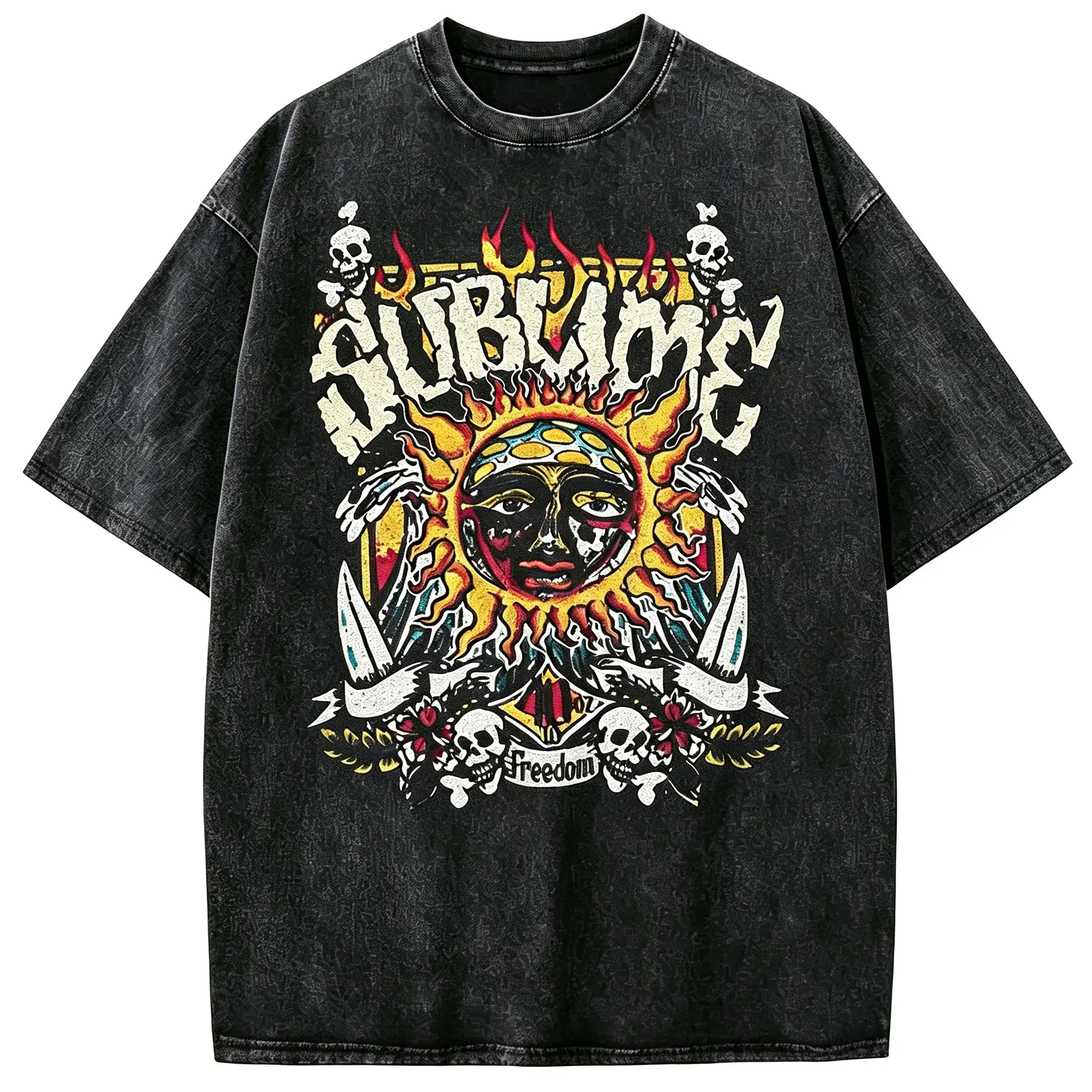 Sublime Sun Logo Vintage Washed Rock Band T-Shirt - This American retro distressed Sublime band T-shirt features a sun and skull print. Retro Sublime Freedom Skull Graphic Oversized Tee