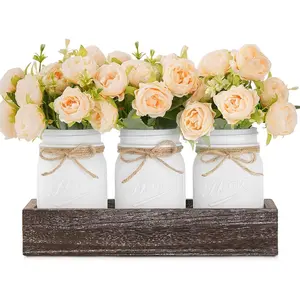 Mason Jar Centerpiece Table Decorations, Kitchen Table Centerpieces for Dining Room, Spring Coffee Table Decor with Artificial Flowers, Wood Tray, Farmhouse Centerpieces for Tables