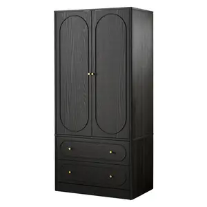 Giratree Fluted Freestanding Armoire Wardrobe Closet with 2 Doors and 2 Storage Drawers, Large Capacity Wardrobe Cabinet, Wooden Closet for Bedroom, Living Room