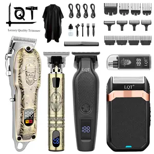 LQT 5-in-1 Vintage Engraved Professional Hair Clipper Set for Men, Barber Grooming Kit with Main Clipper, T-Blade Trimmer, Detail Trimmer, Electric Shaver & Nose Hair Trimmer, Cordless LED Display, Full Hair Cutting Kit for Home & Barbershop