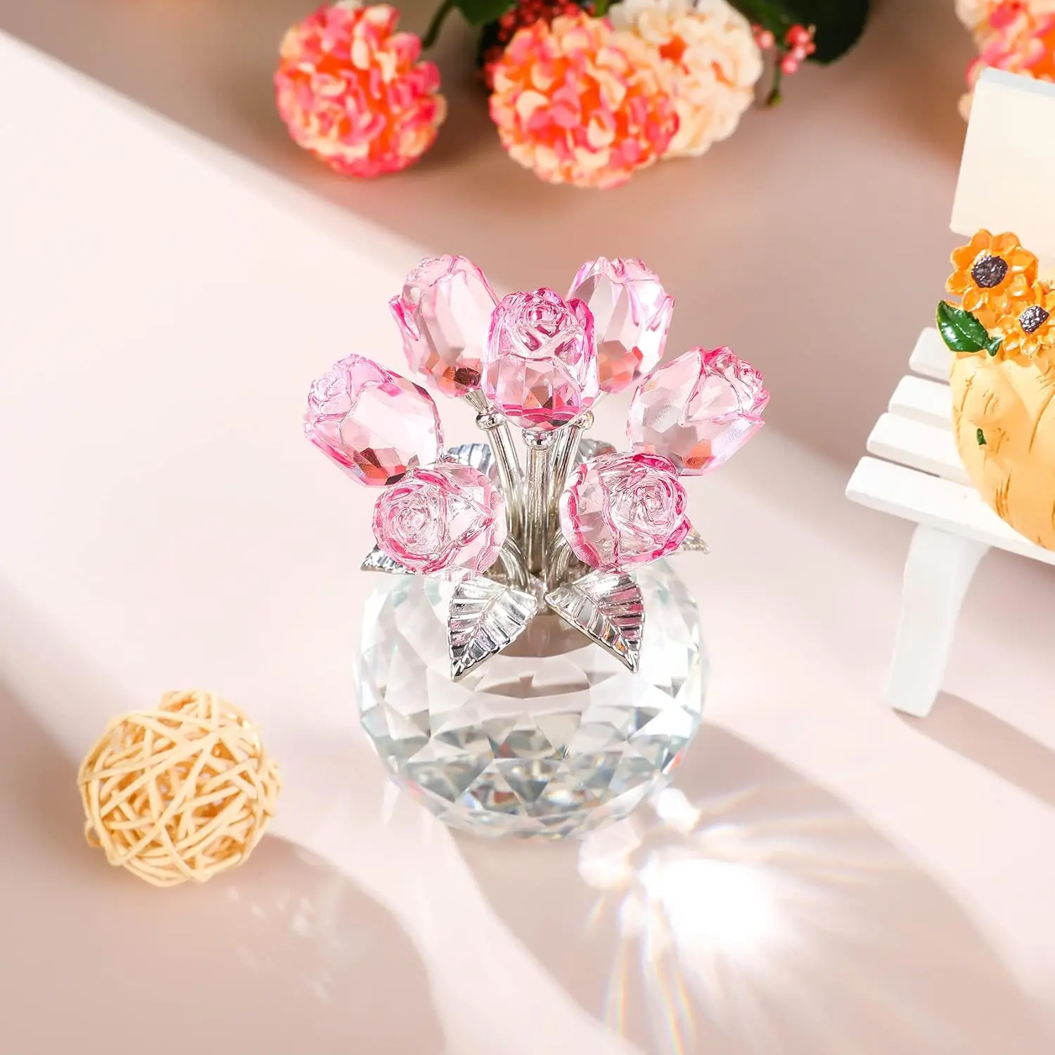 Handmade Pink Rose Crystal Figurine with Vase, Collectibles Bouquet Ornament, Women's Wedding Anniversary Gift for Home Table Decor