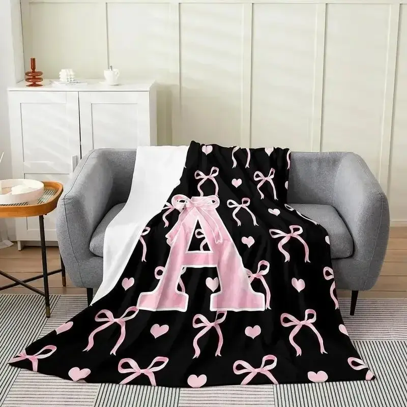 Soft Coquette Aesthetic Throw Blanket, Personalized Initial A-Z Flannel Blanket for Girls, Pink Bows and Hearts Throw Blanket, Lightweight Plush Cozy Blanket for Bed, Sofa, Dorm Room, Warm Aesthetic Gift for Birthday, Christmas, Home Decor
