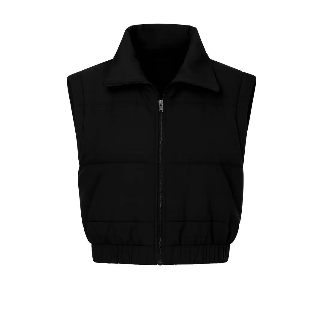 TRAILBLAZER VEST BLACK - Cropped Puffer with Bold Stand Collar & Sculpted Shoulders for Women's Streetwear