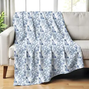 Golden Retriever French Toile Blanket, Velveteen Blue Toile de Jouy Cozy Throw for Golden Retriever Lovers, Dog Mom Plush Blanket Gifts