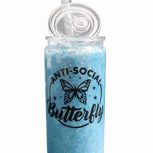 Anti-Social Butterfly Glitter Tumbler with Straw and Lid, Blue Color, Reusable Drinkware for Everyday Use