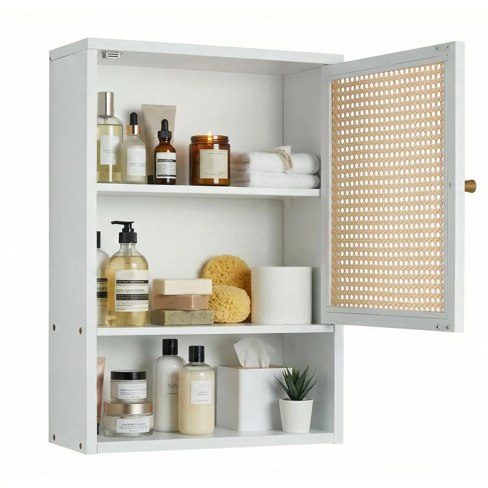 Garvee Bathroom Wall Cabinet, Above Toilet Storage Cabinet Bamboo Medicine Cabinets Wall Mount with Rattan Doors and Adjustable Shelf, Space Saver Cabinet Storage for Kitchen, Laundry, Living Room White