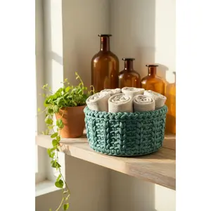 Handmade Crocheted T-Shirt Yarn Storage Baskets - Round 5x5 in Traditional Farmhouse Decorative Organiser for Home Supplies