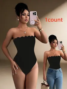 Women's Slim-Fitting Solid Color Black Wave Hem Halter Bodysuit, Sexy One Shoulder Tight Fit Jumpsuit, Fashionable Casual Wear