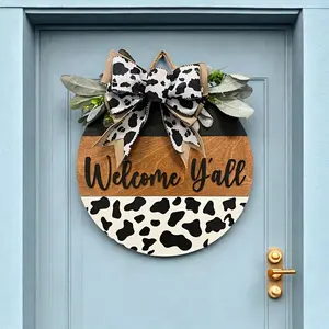 Cow Print Welcome Door Hanger, Wooden Welcome Sign, Front Door Decoration, Home Decor Supplies for Farmhouse, Country Style Decor, Ornaments, Patio Decoration