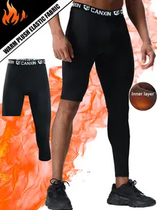 Men's Winter Warm Basketball Compression Pants, Left Long Right Short, Elastic Breathable Gym Training Seven-Fourth Leggings