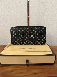 Pre-owned Louis Vuitton Murakami Small Leather Goods Preloved Black Multicolor Zippy Wallet Pink Interior CA4131