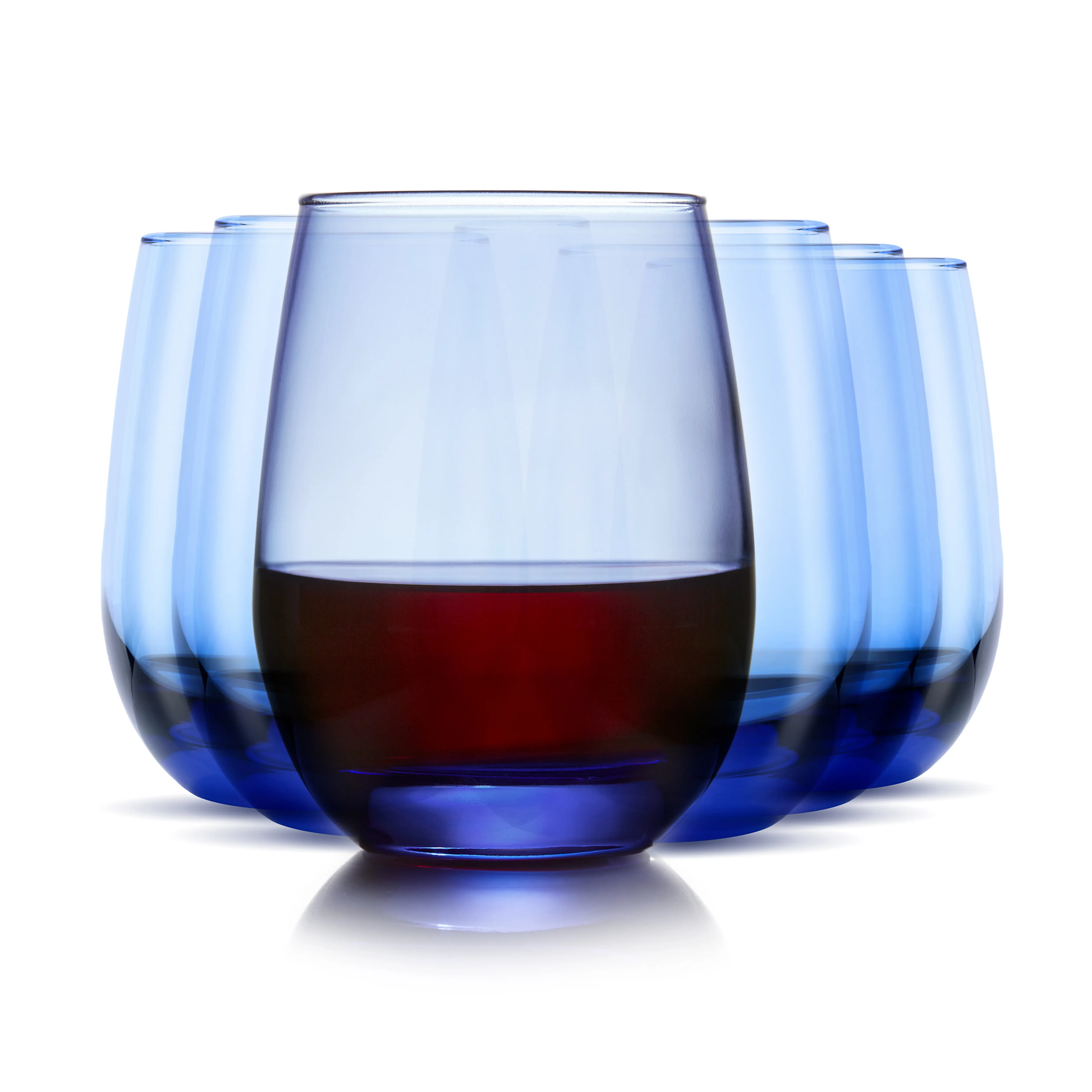Libbey Classic Blue All-Purpose Stemless Wine Glasses Set 6, Timeless Wine Cups Set of 6, 15.25 Oz, Wine Glass Set for Dinners, Weeknights