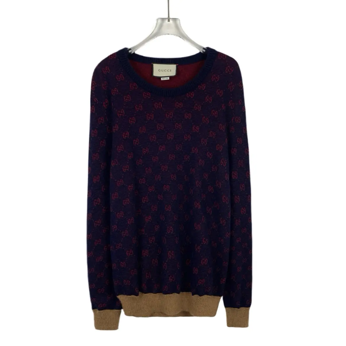 RDLT- Gucci Navy Logo Jacquard Wool Crewneck Knit Sweater Size S