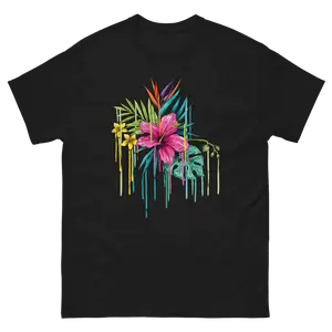 Tropical Drip Black T-Shirt with Colorful Floral Design and Abstract Streaks