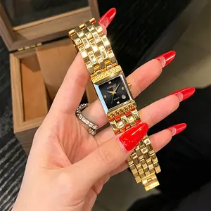 Vintage Gold Square Watch for Women Red Dial Greek Key Style Luxury Quartz Wristwatch Stainless Steel Bracelet Classic Elegant Dress Watch Waterproof Fashion Casual Business Watch Perfect Date Night Anniversary Birthday Holiday Gift for Her