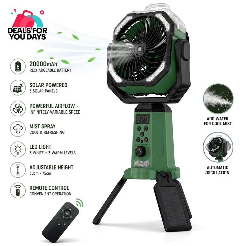 RESSONIC Solar Powered Portable Fan - 20000mAh Built-in Li-ion Battery Operated, Adjustable Compact Foldable, Misting Cooling, Warm/White LED Light, Wireless Remote, Auto Oscillation, Tripod Stand, Beach Patio Ready for Camping, Solar Powered Portable Fan