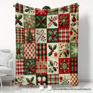 2D Printed Flannel Blanket Christmas Themed Patchwork Design Soft Comfortable and Warm Perfect for Sofa Bed Office Camping Winter Thick Blanket Holiday Decoration Best Gift for Family and Friends Multi