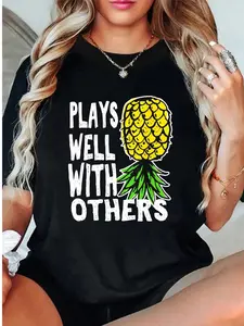 Unisex Pineapple Print Short Sleeve T-Shirt, Loose Fit Casual Top, Versatile Women's Fashion, Comfortable Summer Wear, Aesthetic