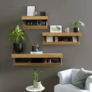 Elegant Hidden Compartment Wall Shelf - Multi-Functional Modern Wall-Mounted Storage with Secret Compartments, Decorative Artificial Wood Shelf with Open & Hidden Shelves for Living Room Decor, Space-Saving Organizer for Books, Plants, Jewe