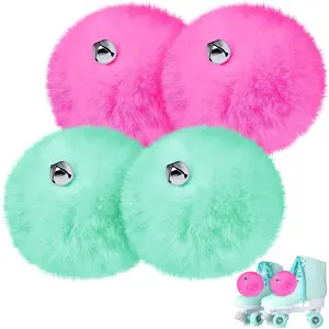 4 count 4 Inch Large Roller Skate Pom Poms with Bells  Tie- Roller Skates Pom Poms Rollers Skate Accessories for Women